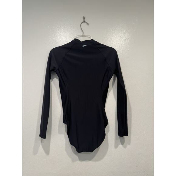 Speedo Long Sleeve One Piece Swimsuit Black Print Panel Womens Size XS Powerflex - Picture 2 of 6